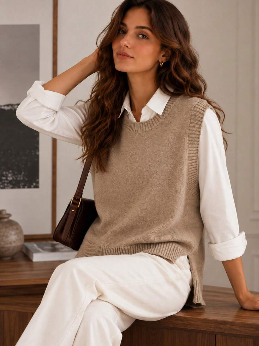 Women's Side Slit Knit Sweater Vest, Sleeveless Layering Top for Fall Work Casual - Coffee Brown