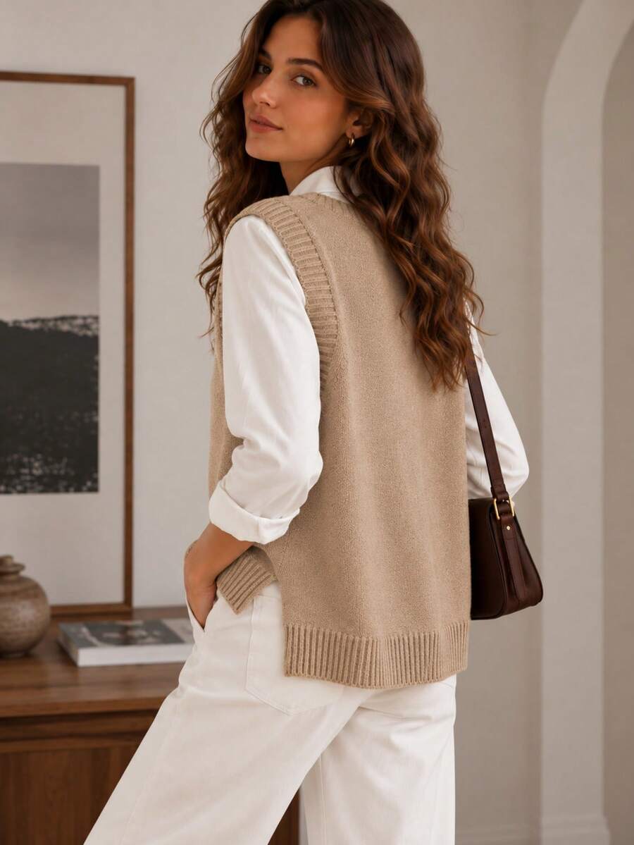 Women's Side Slit Knit Sweater Vest, Sleeveless Layering Top for Fall Work Casual - Burgundy