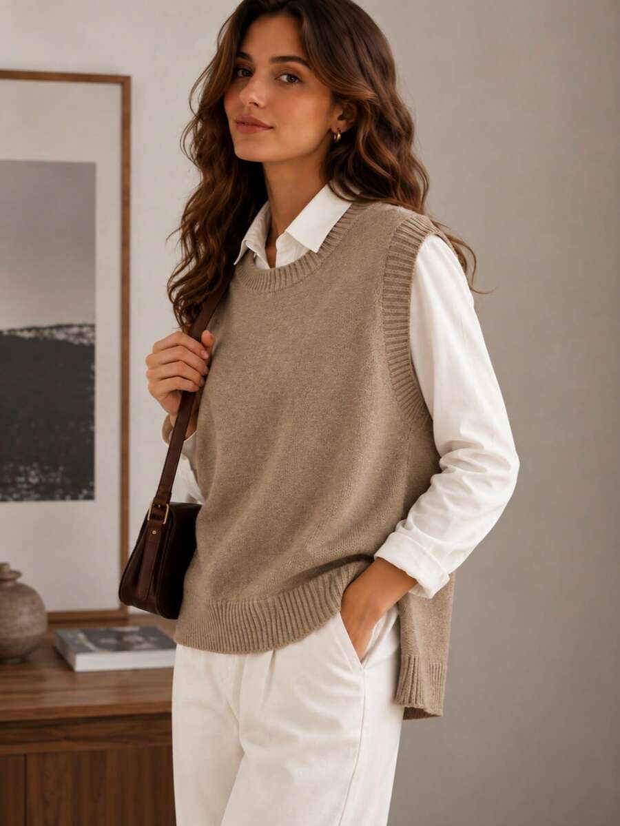 Women's Side Slit Knit Sweater Vest, Sleeveless Layering Top for Fall Work Casual - Apricot