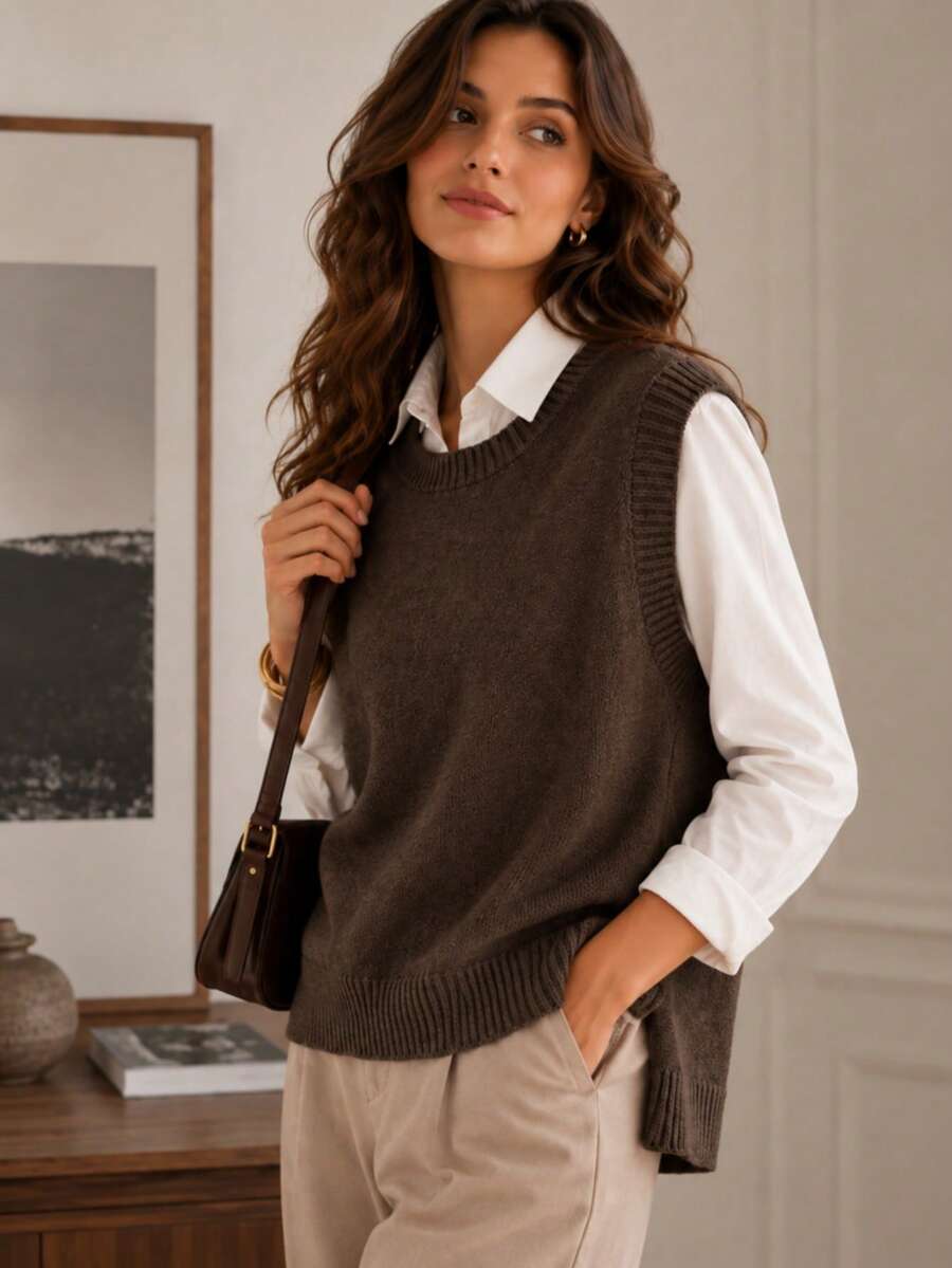 Women's Side Slit Knit Sweater Vest, Sleeveless Layering Top for Fall Work Casual - Black