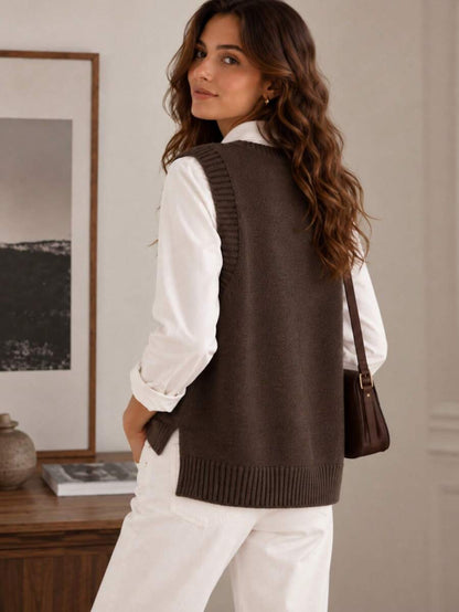 Women's Side Slit Knit Sweater Vest, Sleeveless Layering Top for Fall Work Casual - Beige