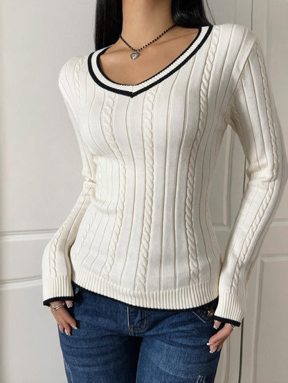 Saskia Slim V Neck Twist Cable Knit Sweater with Contrast Trim - Ivory