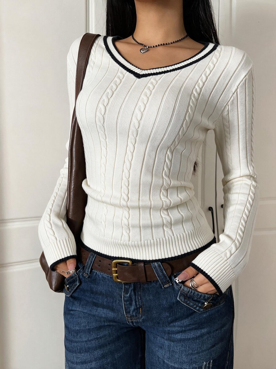 Saskia Slim V Neck Twist Cable Knit Sweater with Contrast Trim - Ivory