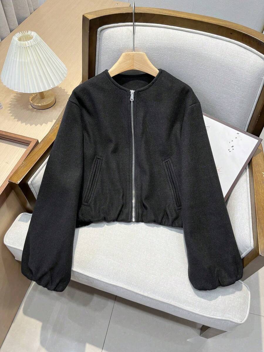 Lillehammer Wool Look Zip Up Cropped Bomber Jacket