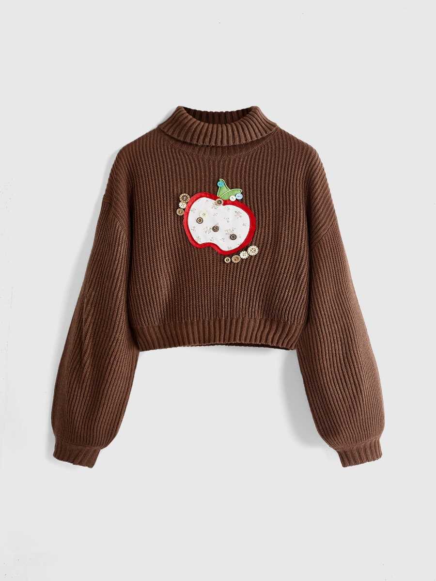 Louisa Ribbed Knit Cropped Turtleneck Pullover Sweater - Brown Embroidered Patch
