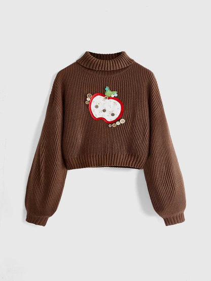 Louisa Ribbed Knit Cropped Turtleneck Pullover Sweater - Brown Embroidered Patch