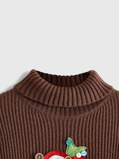 Louisa Ribbed Knit Cropped Turtleneck Pullover Sweater - Brown Embroidered Patch