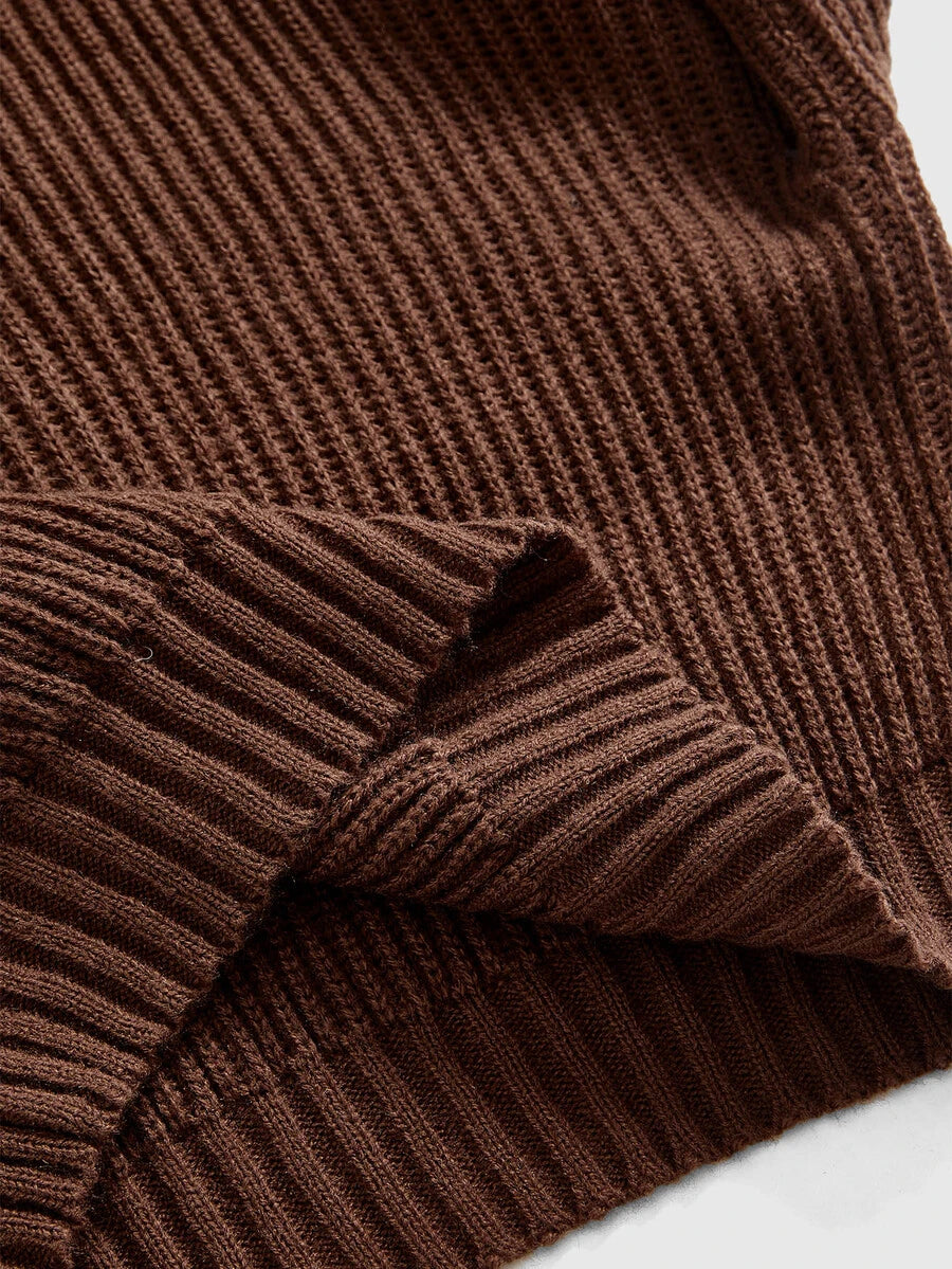 Louisa Ribbed Knit Cropped Turtleneck Pullover Sweater - Brown Embroidered Patch