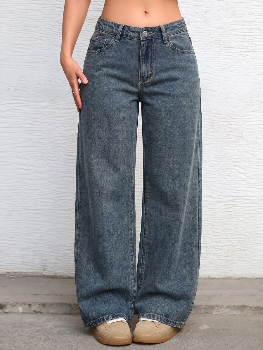 Ravenna High Waisted Wide Leg Baggy Jeans with Pockets - Dark Wash