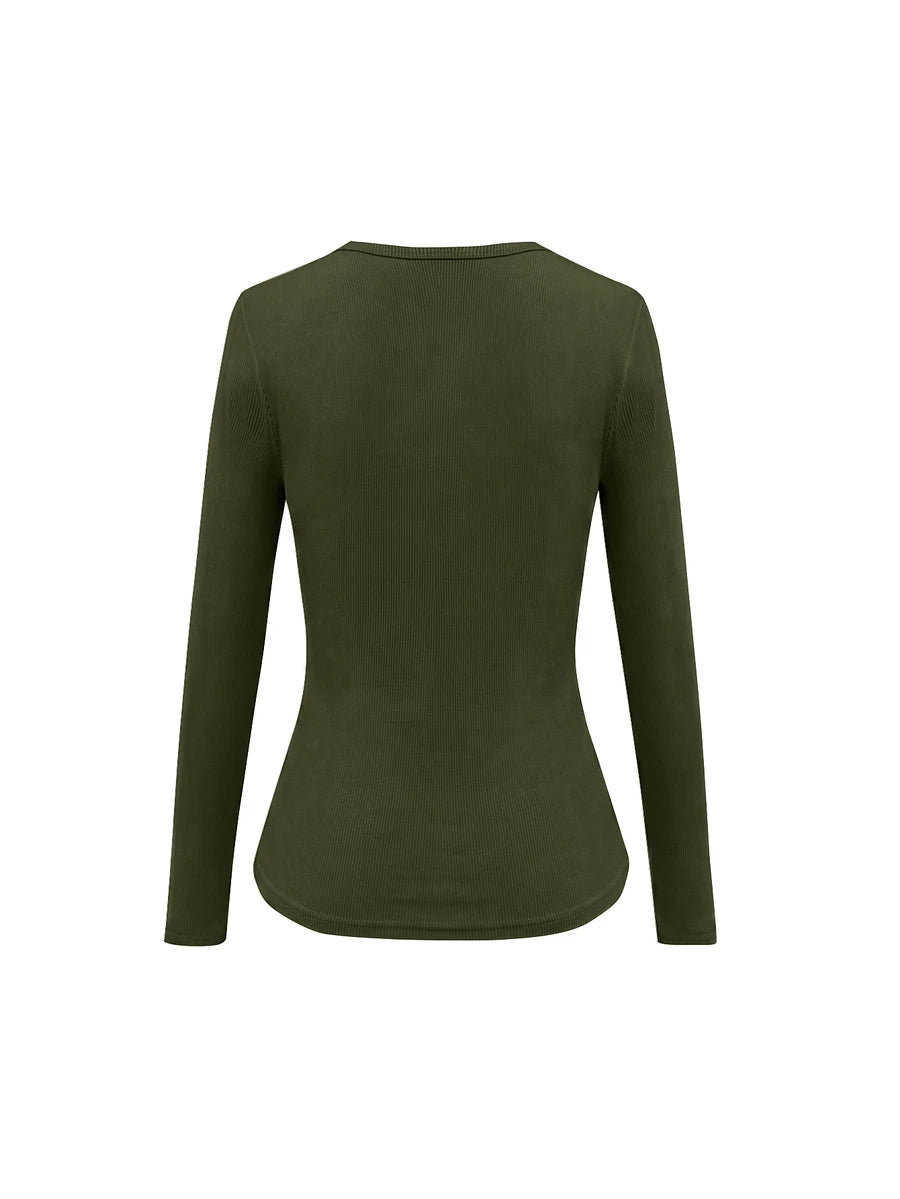 Siena Deep V Neck Ribbed Knit Long Sleeve Fitted Top - Army Green