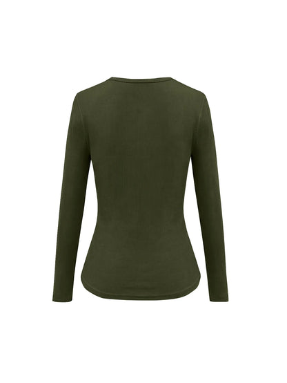 Siena Deep V Neck Ribbed Knit Long Sleeve Fitted Top - Army Green