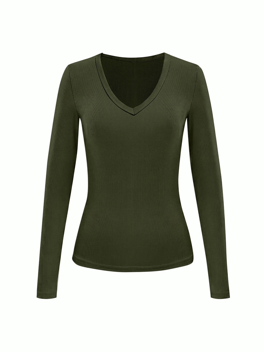 Siena Deep V Neck Ribbed Knit Long Sleeve Fitted Top