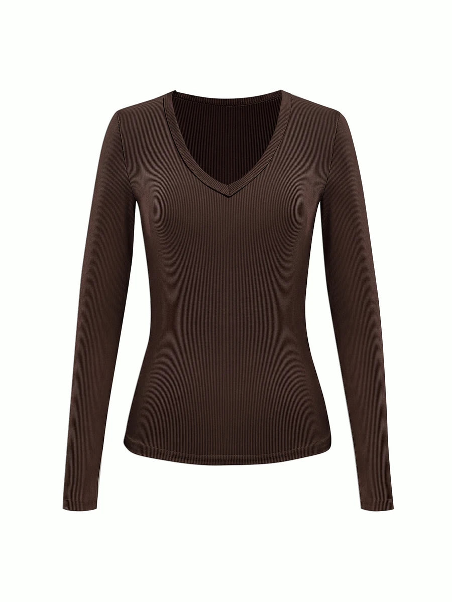 Siena Deep V Neck Ribbed Knit Long Sleeve Fitted Top