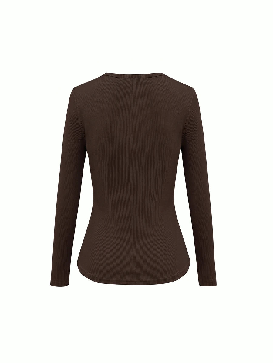 Siena Deep V Neck Ribbed Knit Long Sleeve Fitted Top - Rust Brown