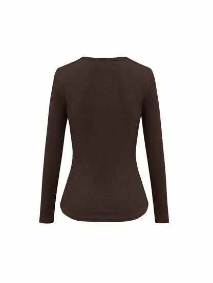 Siena Deep V Neck Ribbed Knit Long Sleeve Fitted Top - Rust Brown