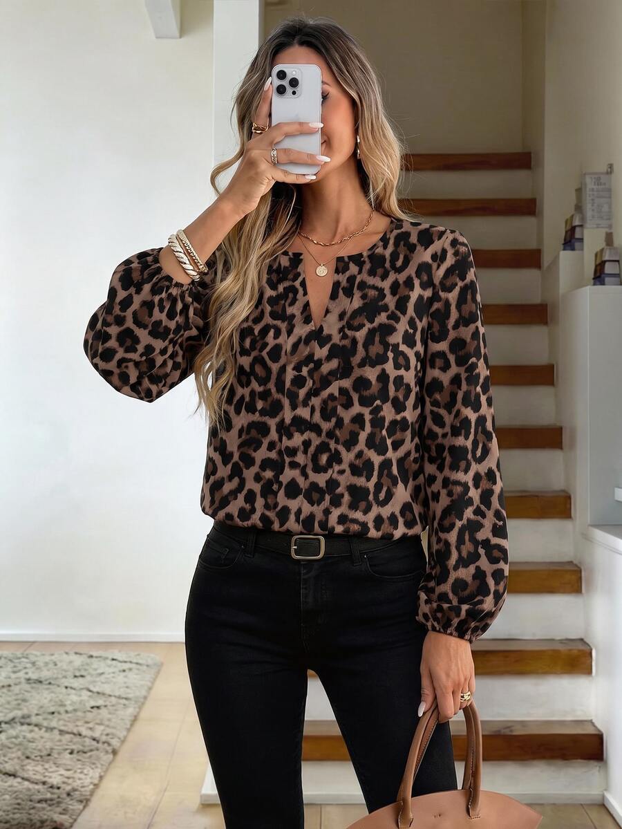 Nell Long Sleeve Blouse with Split V Neck and Lantern Sleeves - Leopard
