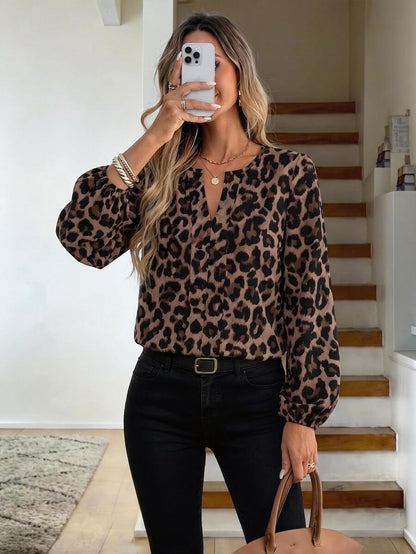 Nell Long Sleeve Blouse with Split V Neck and Lantern Sleeves - Leopard