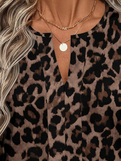 Nell Long Sleeve Blouse with Split V Neck and Lantern Sleeves - Leopard