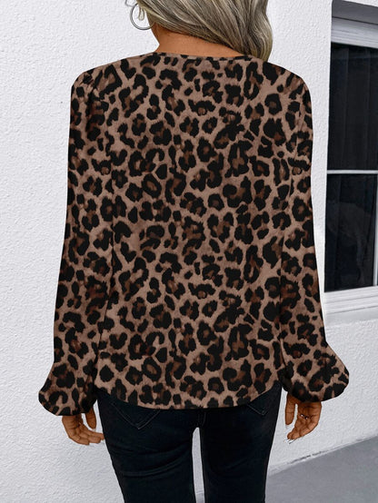 Nell Long Sleeve Blouse with Split V Neck and Lantern Sleeves - Leopard