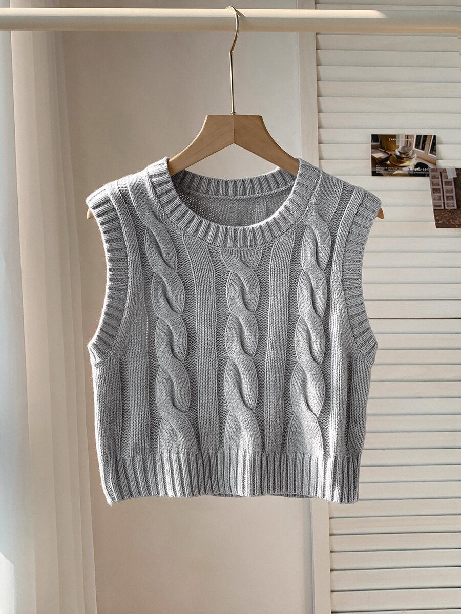 Women's Cropped Cable Knit Sweater Vest, Sleeveless Layering Top for Fall - Coffee Brown
