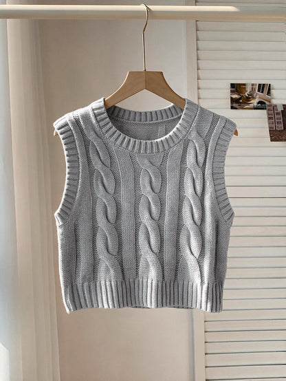 Women's Cropped Cable Knit Sweater Vest, Sleeveless Layering Top for Fall - Coffee Brown