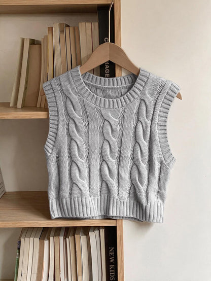 Women's Cropped Cable Knit Sweater Vest, Sleeveless Layering Top for Fall - Coffee Brown