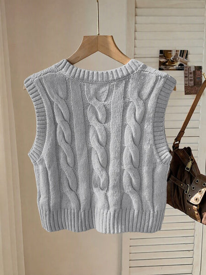 Women's Cropped Cable Knit Sweater Vest, Sleeveless Layering Top for Fall - Coffee Brown