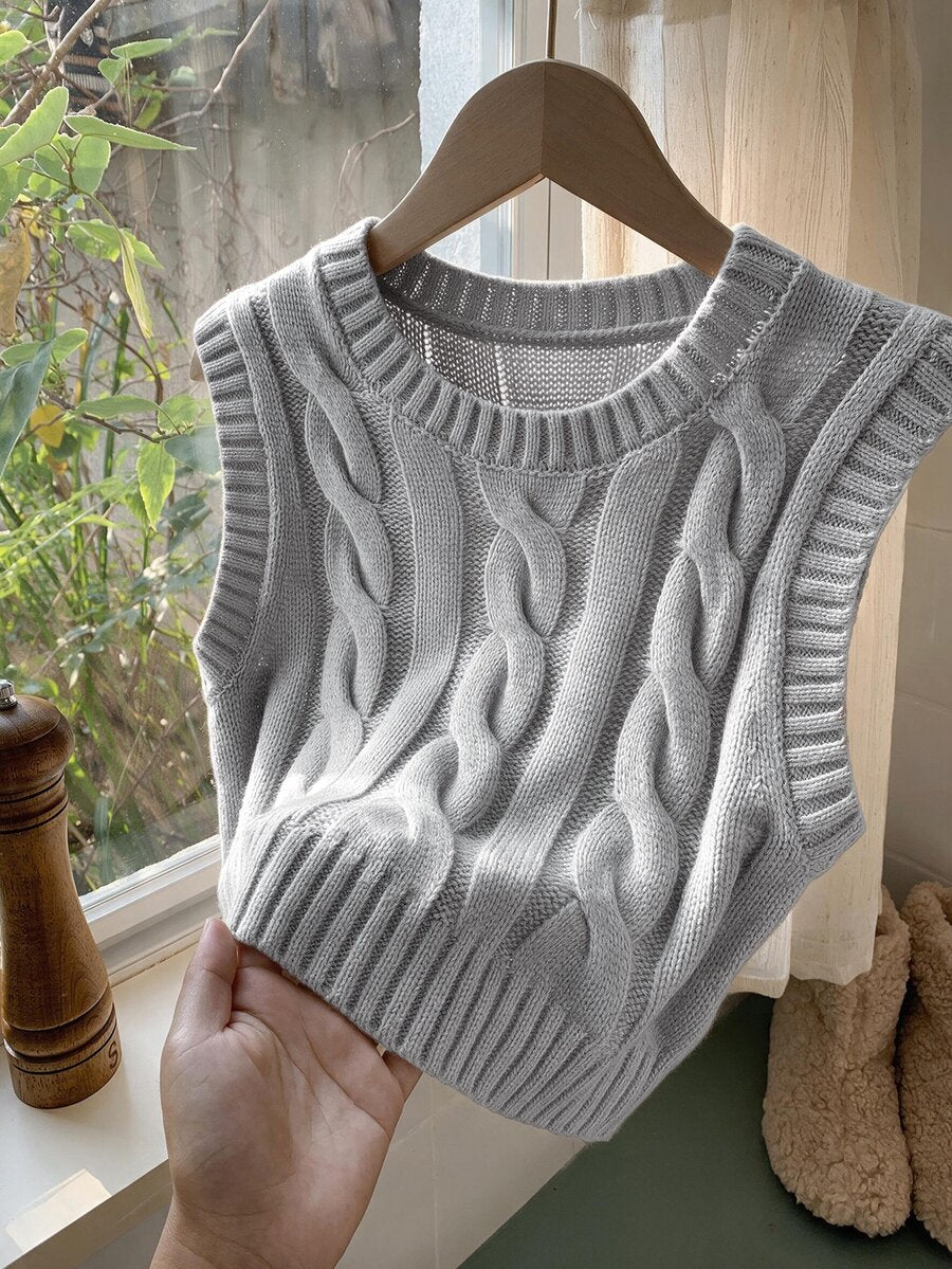 Women's Cropped Cable Knit Sweater Vest, Sleeveless Layering Top for Fall - Coffee Brown