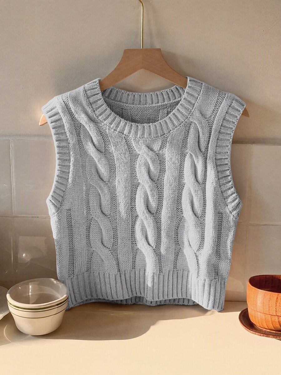 Women's Cropped Cable Knit Sweater Vest, Sleeveless Layering Top for Fall - Coffee Brown