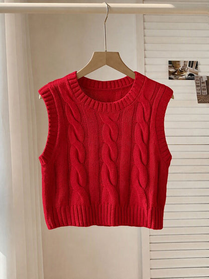 Women's Cropped Cable Knit Sweater Vest, Sleeveless Layering Top for Fall - Coffee Brown