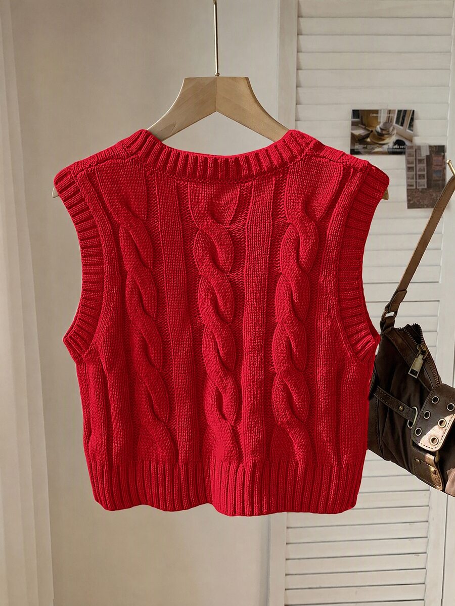 Women's Cropped Cable Knit Sweater Vest, Sleeveless Layering Top for Fall - Coffee Brown