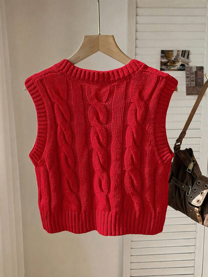 Women's Cropped Cable Knit Sweater Vest, Sleeveless Layering Top for Fall - Coffee Brown