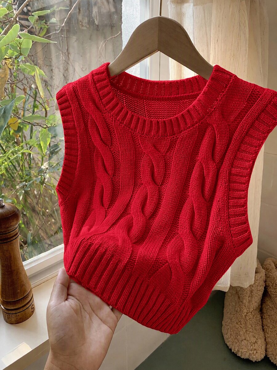 Women's Cropped Cable Knit Sweater Vest, Sleeveless Layering Top for Fall - Coffee Brown