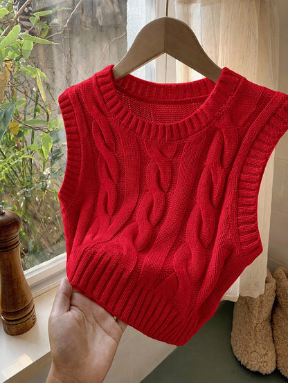 Women's Cropped Cable Knit Sweater Vest, Sleeveless Layering Top for Fall - Coffee Brown