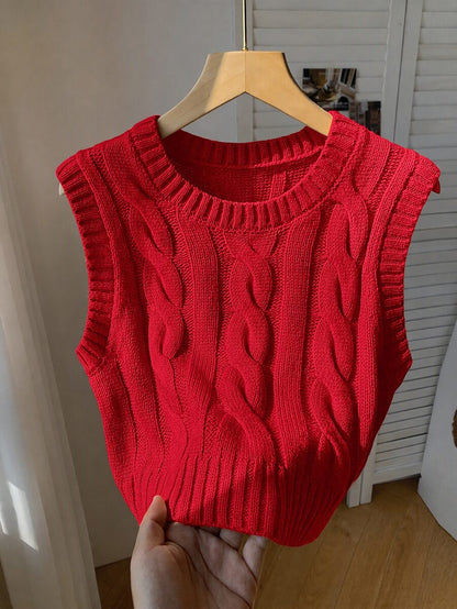 Women's Cropped Cable Knit Sweater Vest, Sleeveless Layering Top for Fall - Red