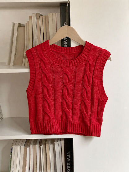 Women's Cropped Cable Knit Sweater Vest, Sleeveless Layering Top for Fall - Coffee Brown