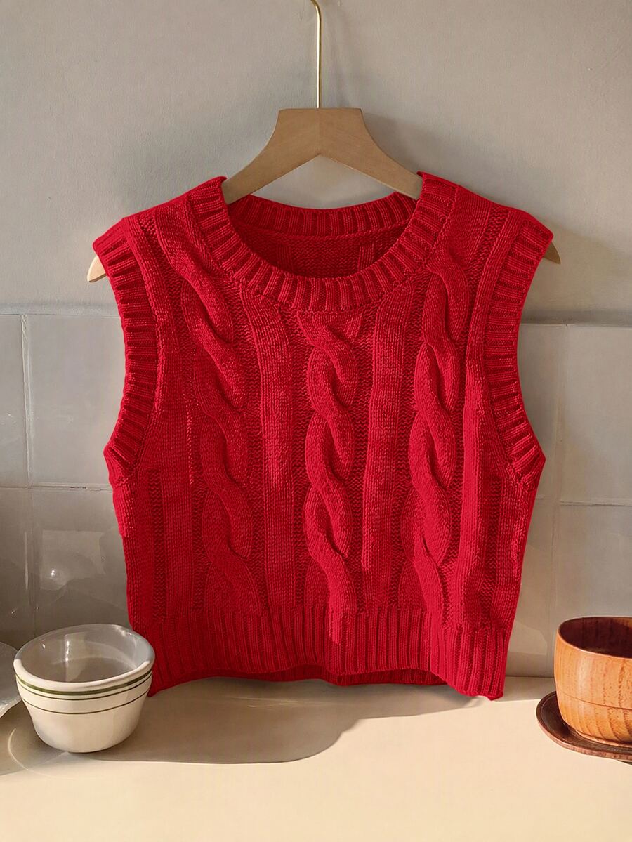 Women's Cropped Cable Knit Sweater Vest, Sleeveless Layering Top for Fall - Coffee Brown