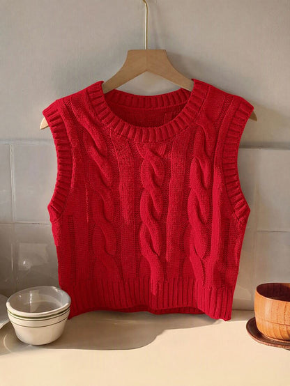 Women's Cropped Cable Knit Sweater Vest, Sleeveless Layering Top for Fall - Coffee Brown