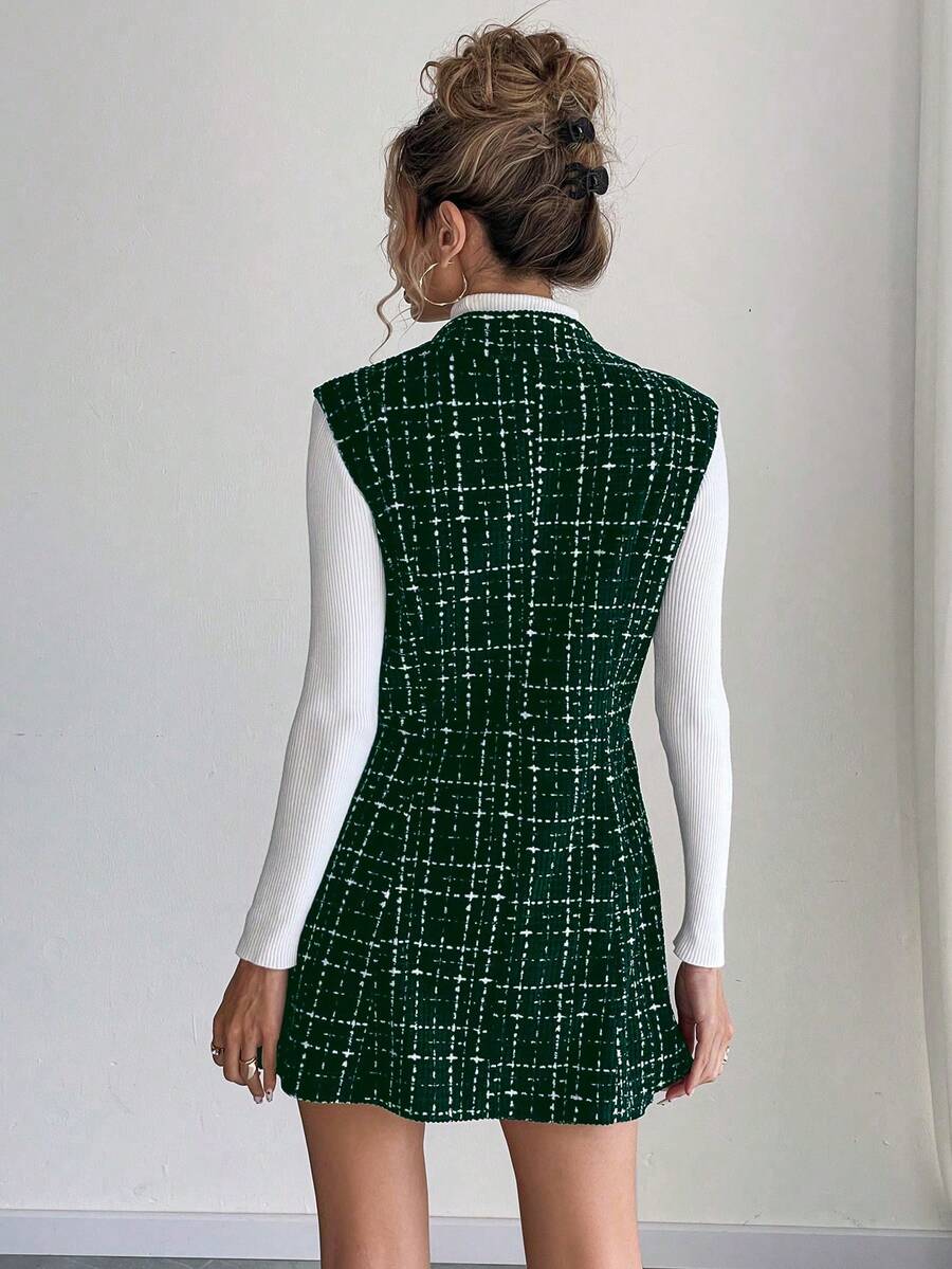 Sadie Two Piece Set Sleeveless Blazer Vest and Mini Skirt - Forest Green Plaid