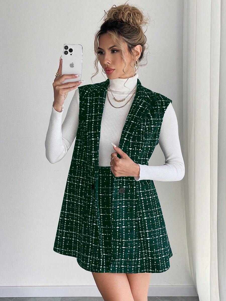 Sadie Two Piece Set Sleeveless Blazer Vest and Mini Skirt - Forest Green Plaid