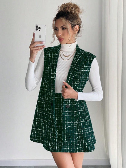Sadie Two Piece Set Sleeveless Blazer Vest and Mini Skirt - Forest Green Plaid