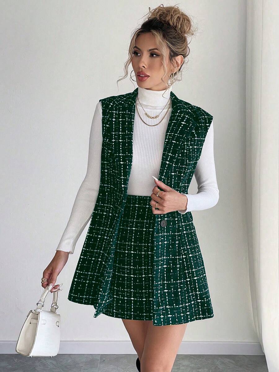 Sadie Two Piece Set Sleeveless Blazer Vest and Mini Skirt - Forest Green Plaid