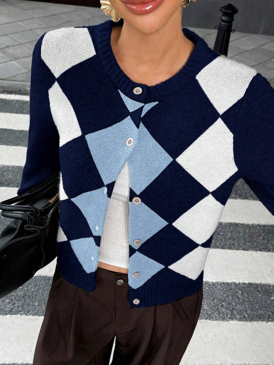 Liliane Plaid Knit Crew Neck Button Front Cardigan - Multicolor