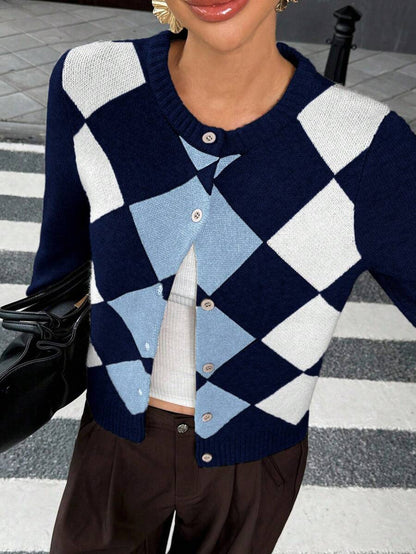 Liliane Plaid Knit Crew Neck Button Front Cardigan - Multicolor