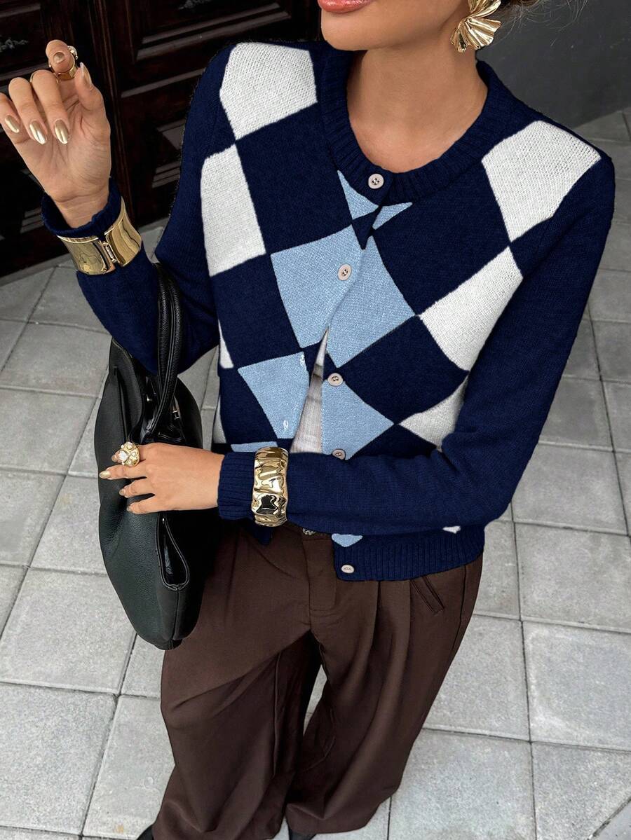 Liliane Plaid Knit Crew Neck Button Front Cardigan - Multicolor