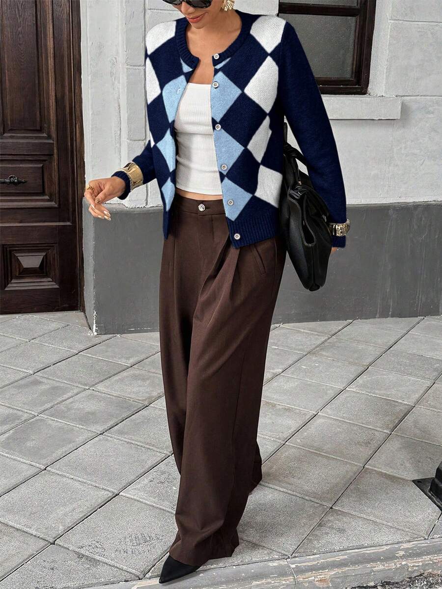 Liliane Plaid Knit Crew Neck Button Front Cardigan - Multicolor