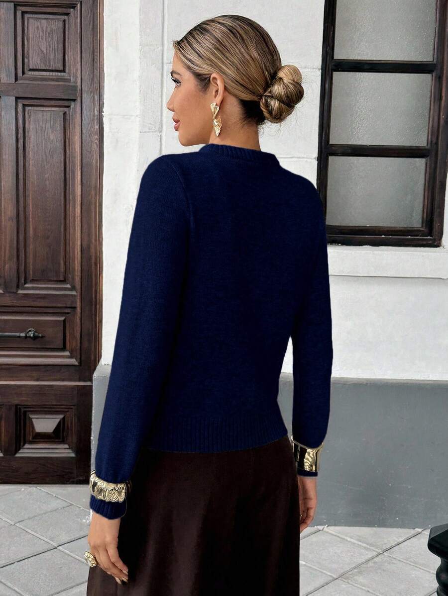 Liliane Plaid Knit Crew Neck Button Front Cardigan - Multicolor