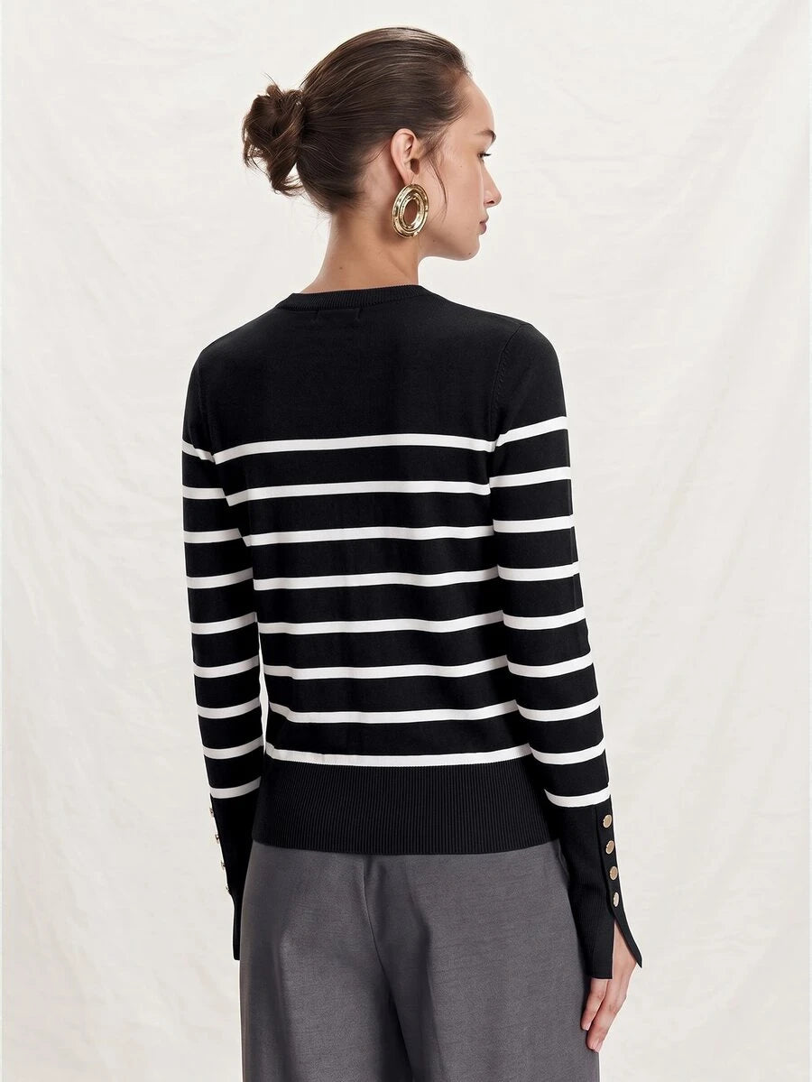 Women's Fine Knit Sweater with Button Cuffs, Lightweight Pullover for Fall Work Casual - Beige