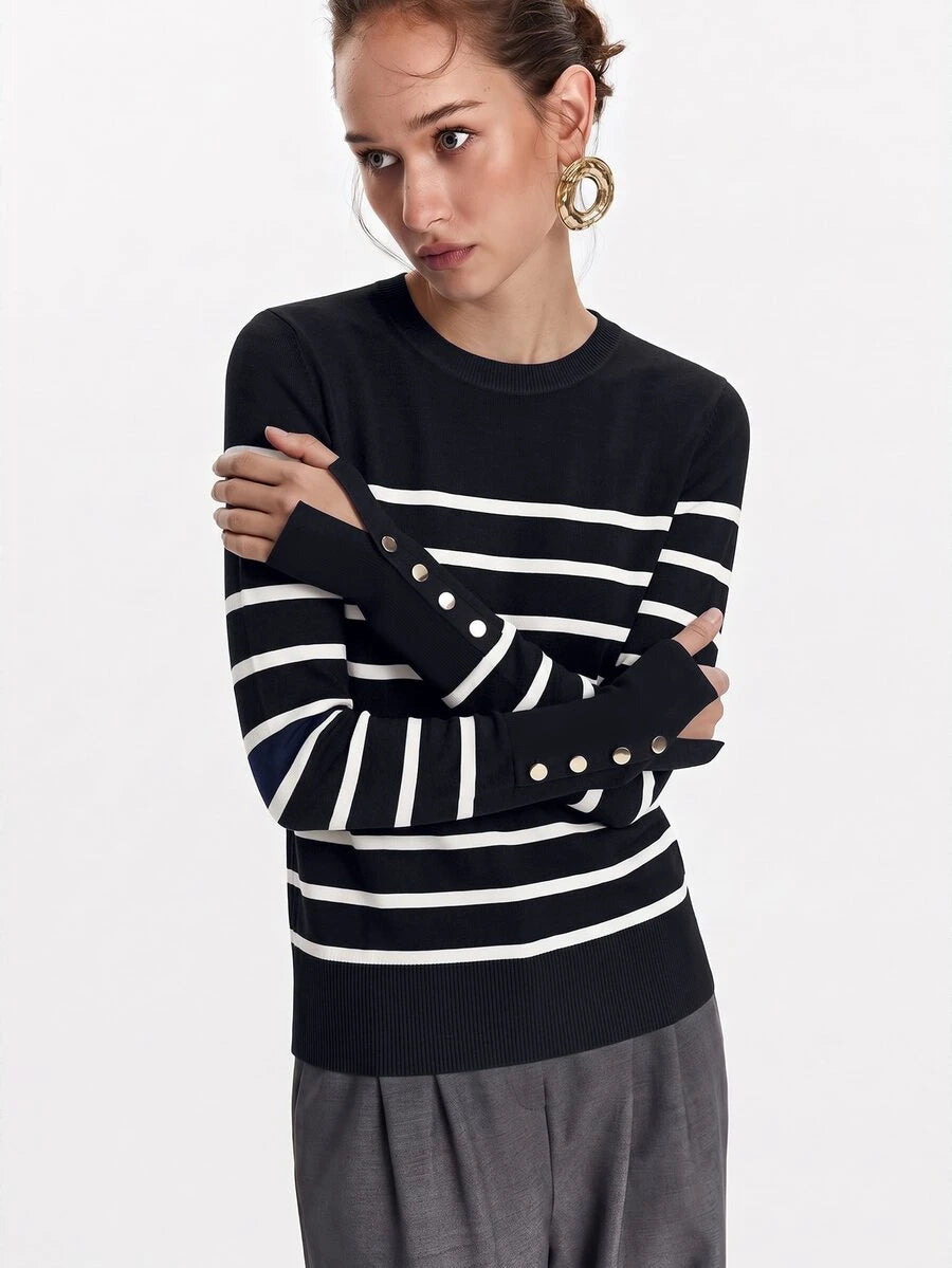 Women's Fine Knit Sweater with Button Cuffs, Lightweight Pullover for Fall Work Casual - Beige