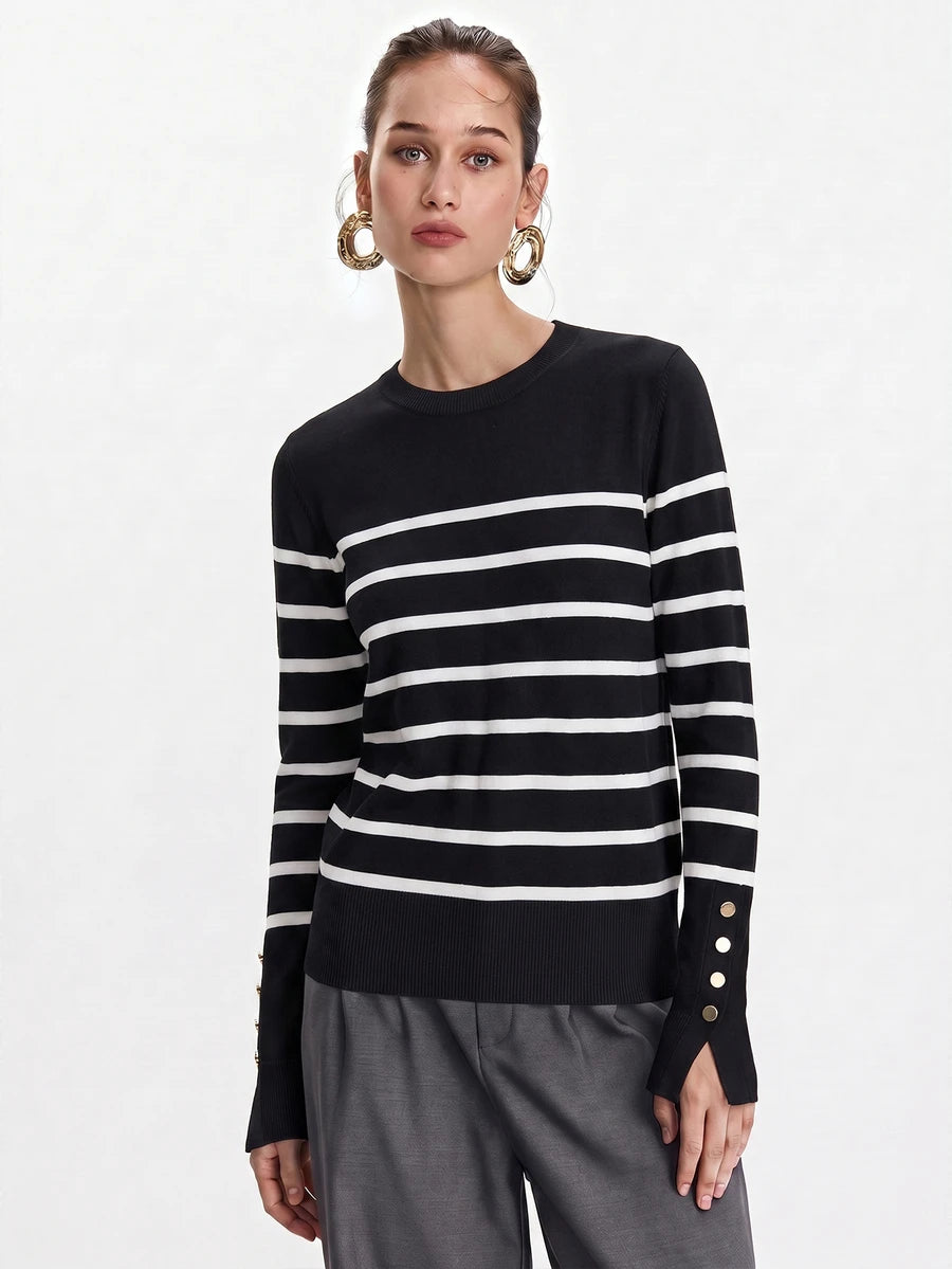 Women's Fine Knit Sweater with Button Cuffs, Lightweight Pullover for Fall Work Casual - Beige